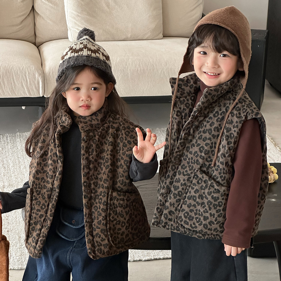Toddler Boy Winter Fleece Jacket - Dziecięca kamizelka z nadrukiem w panterkę,