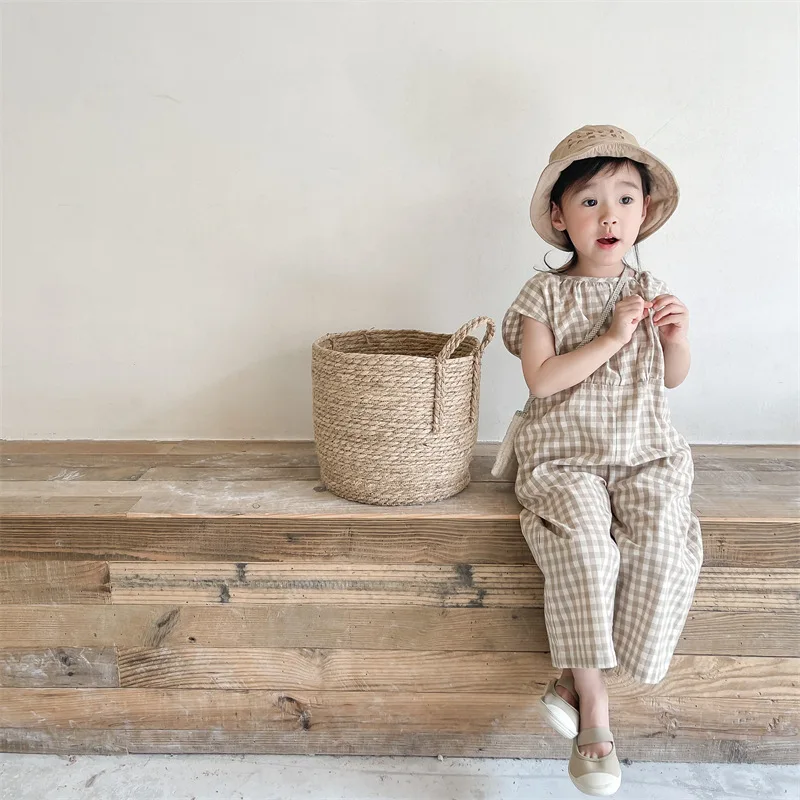 Baby Summer Linen Sleeveless Jumpsuit - Dziewczynek kombinezony w kratę dziecięcy kombinezon