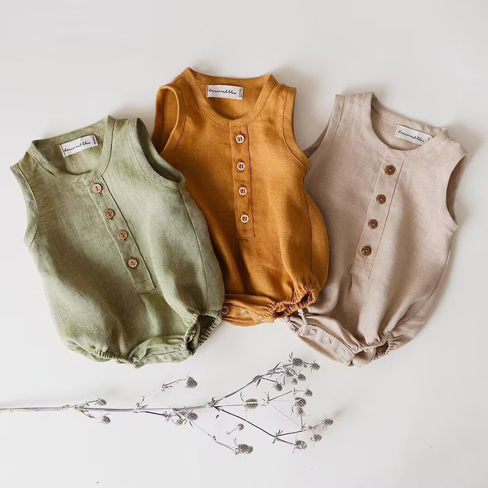 Baby Summer Linen Sleeveless Jumpsuit - Noworodkowy chłopięcy lniano-bawełniany pajacyk, miękki, oddychający,